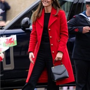 Winston Co Red Wool Cashmere Collared Pea Coat Calf Length M/L